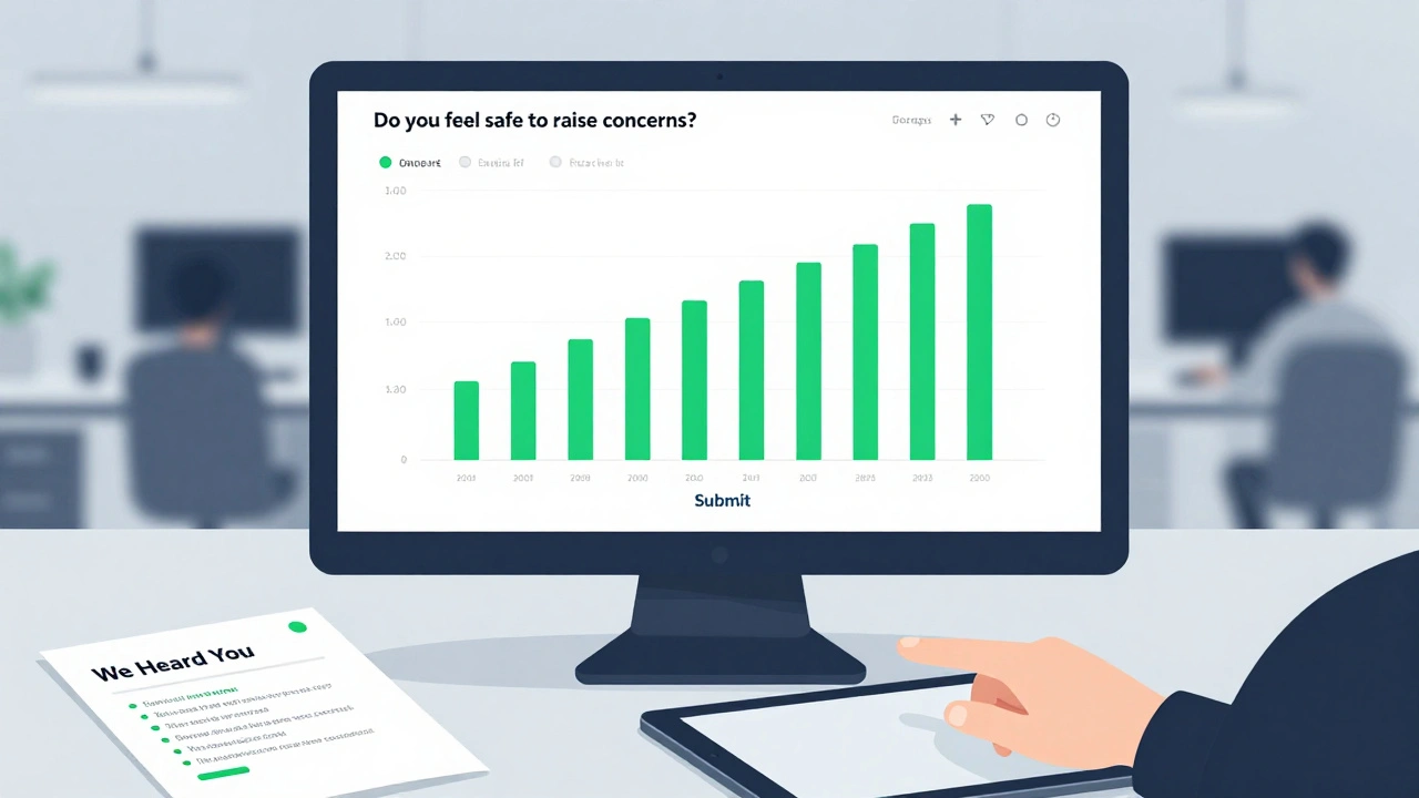 An anonymous feedback dashboard shows rising safety scores, with a hand submitting responses on a tablet.
