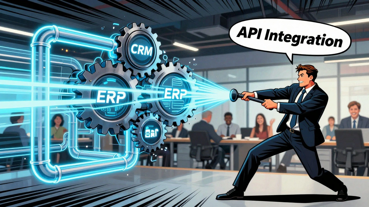 Comic-style business owner activating automated data flow between core business systems.