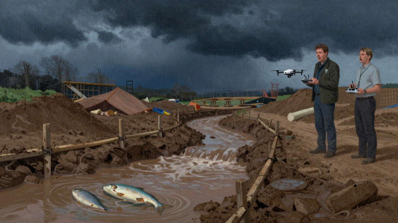 Construction site runoff polluting a stream with dead fish during a storm.