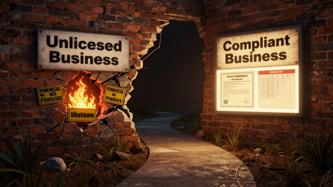 Crumbling wall of unlicensed business vs. glowing path of compliant business with permits.