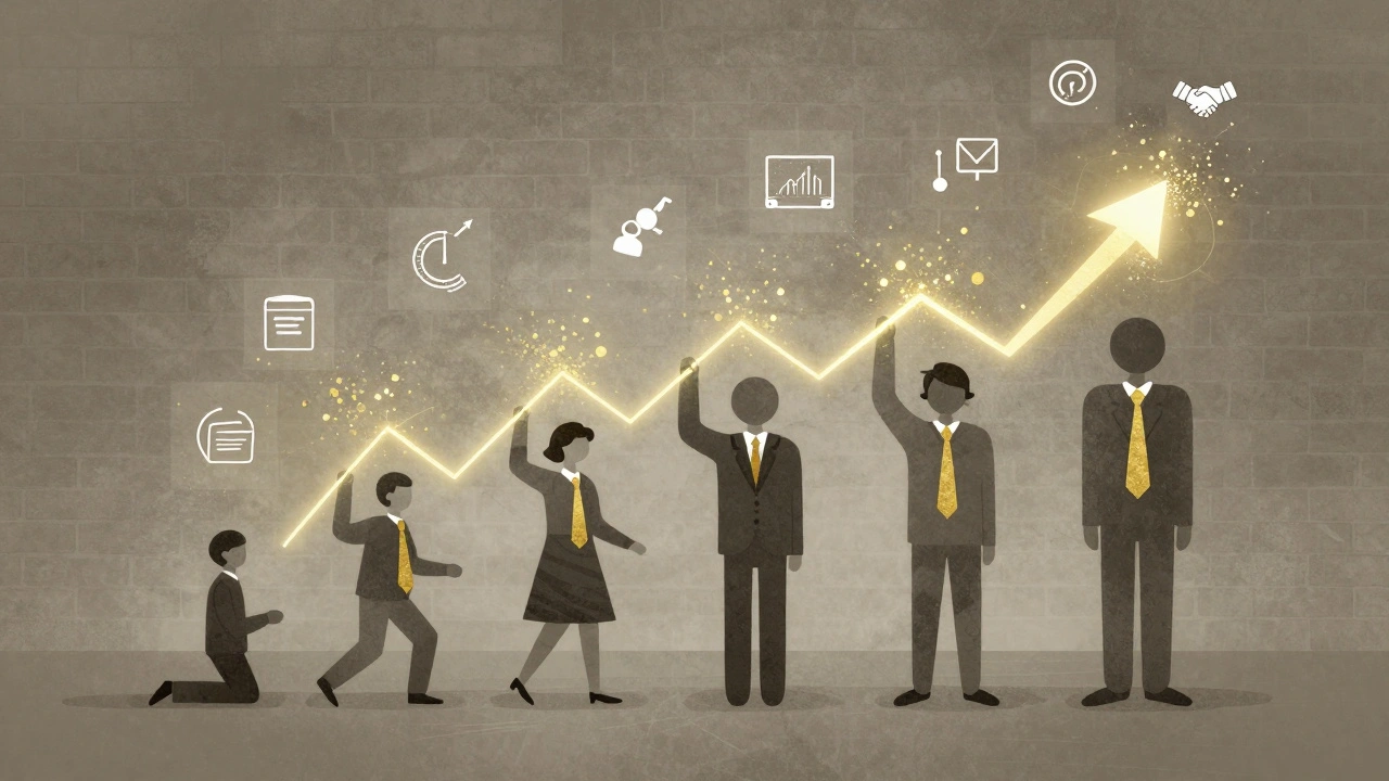 Customer avatar transforming into growth symbols connected by golden threads