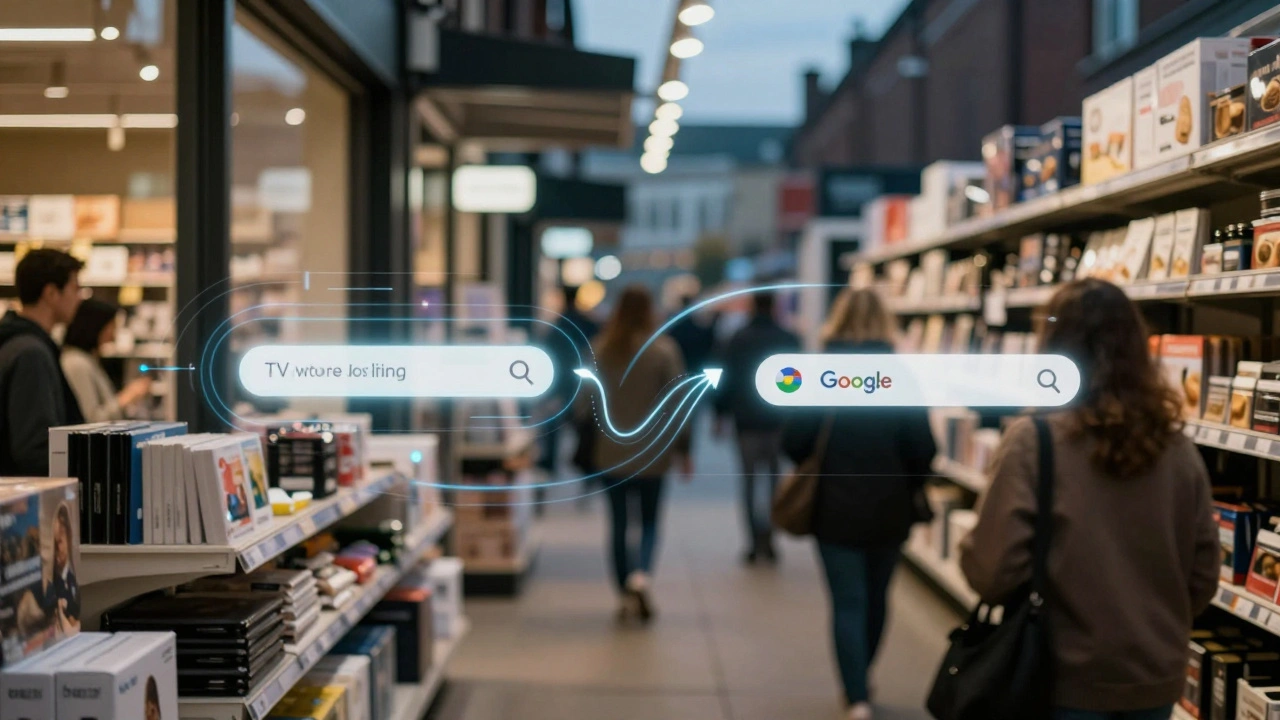 Customer in UK store with translucent digital touchpoints showing TV and online influence.