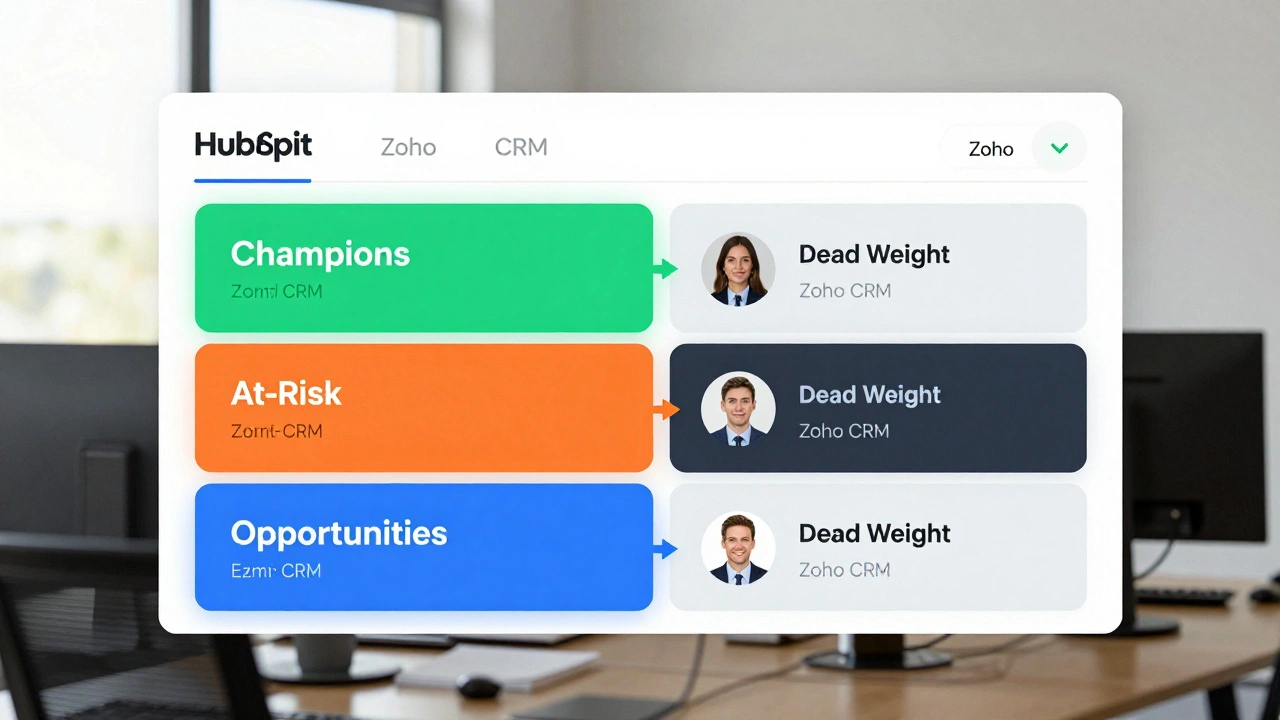 Digital CRM dashboard displaying four customer segments with color-coded labels in a British office setting.