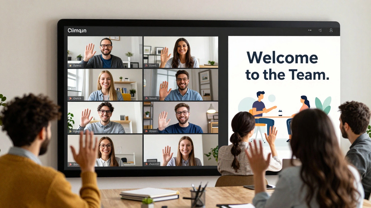 Diverse remote team members greeting each other in a virtual onboarding call