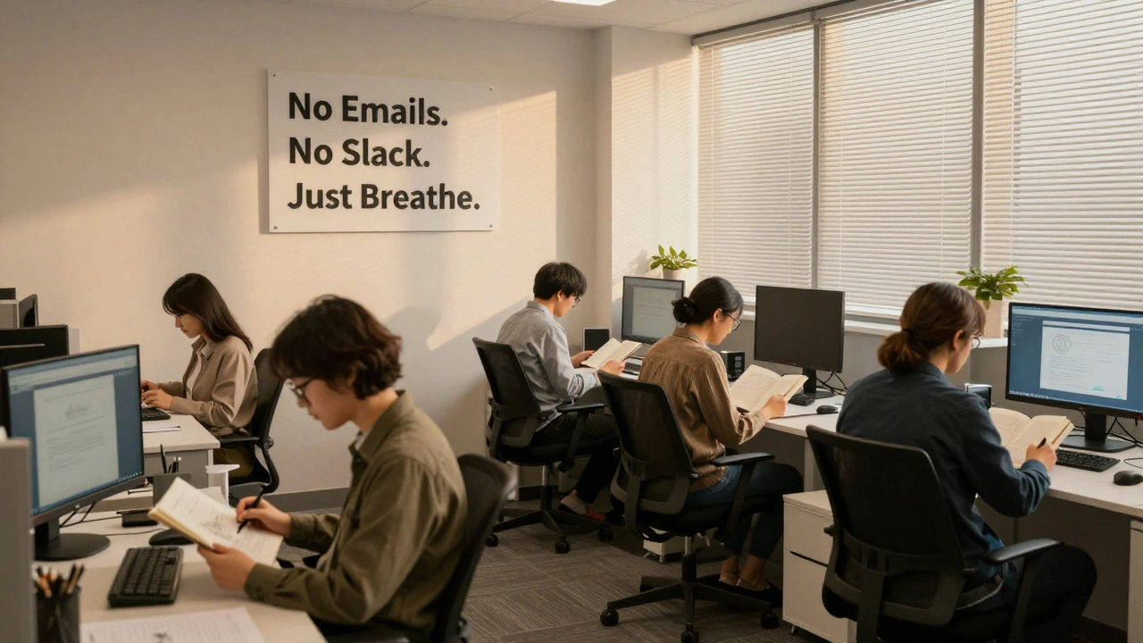 Employees in silence during a company 'quiet hour', no devices in use, peaceful atmosphere.