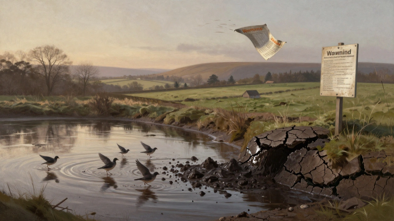 Farm manure spill flowing into a river at dawn, birds fleeing the contamination.