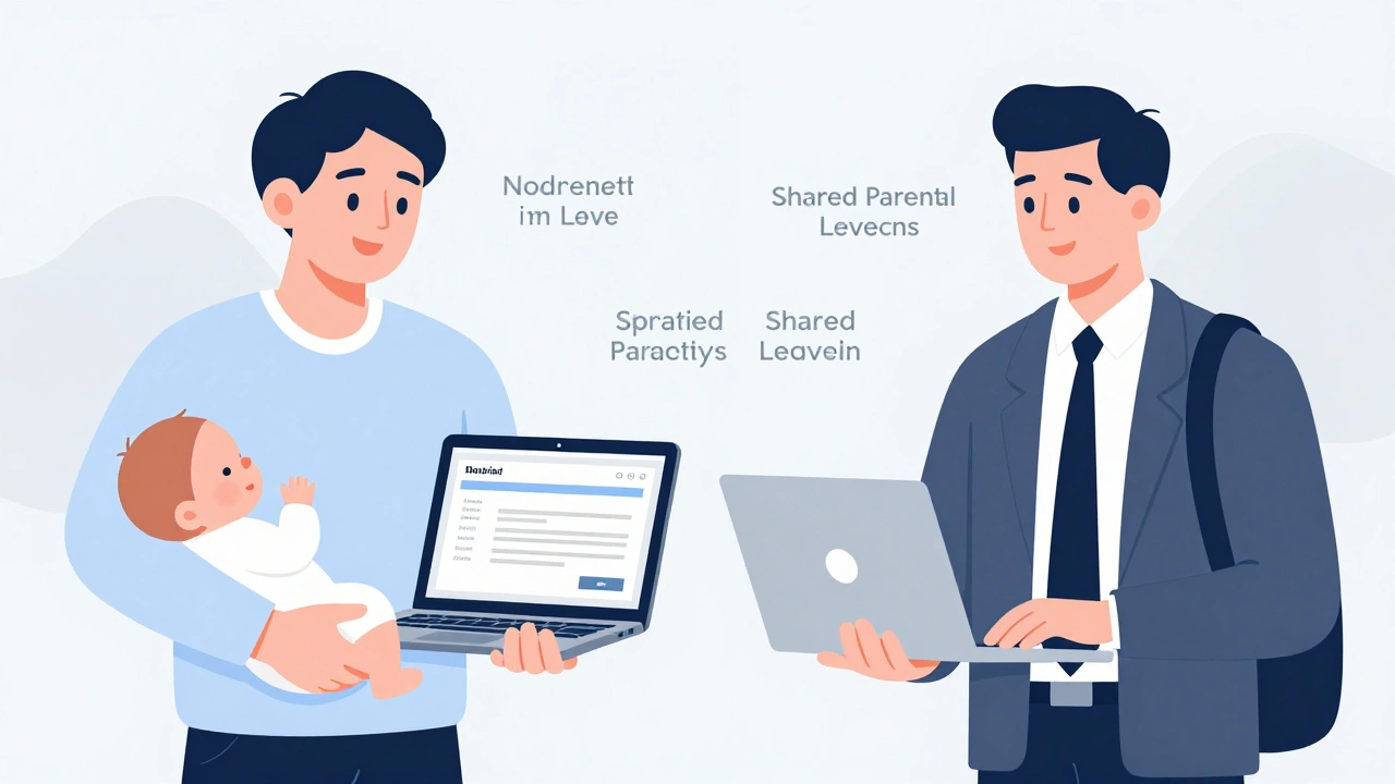 Father holding newborn with paternity leave confirmation on laptop, returning to work