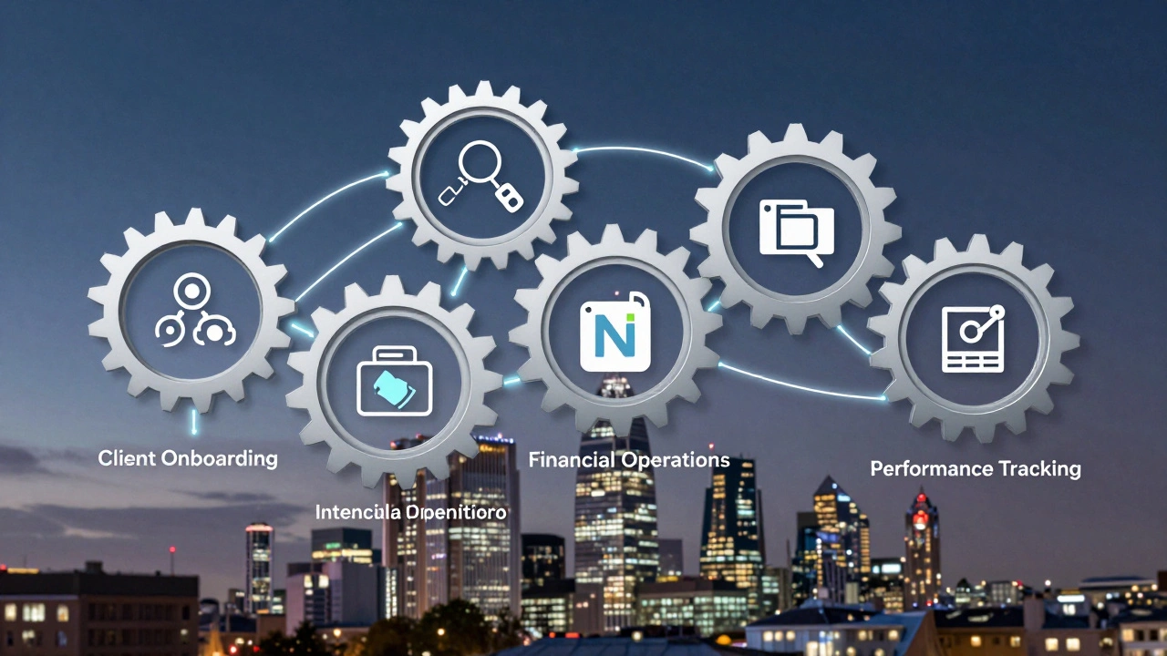 Five interconnected gears representing business systems, glowing with data streams and digital tool icons above a UK city.