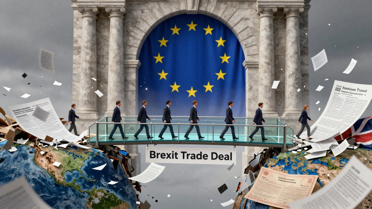 Fragile glass bridge collapsing under paperwork as UK traders cross a trade chasm.