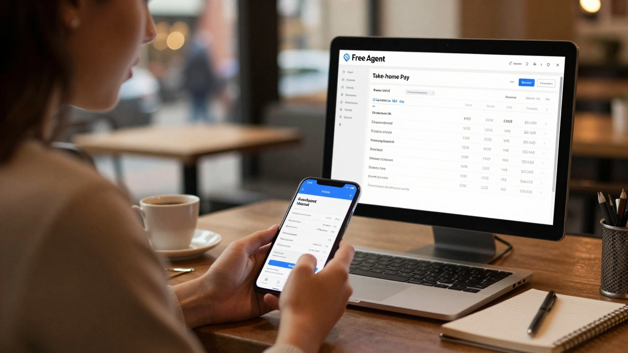 Freelancer in a café using phone to capture a receipt while accounting app shows automated VAT and payroll calculations on screen.
