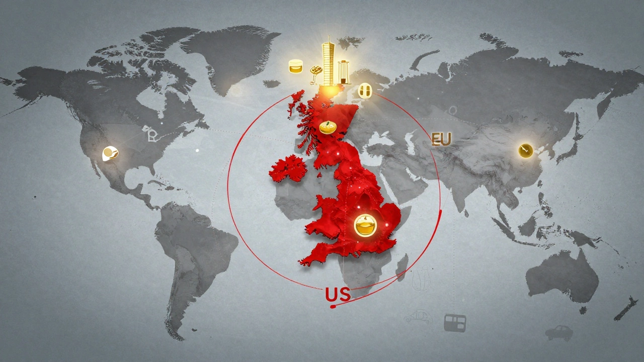 Global trade map showing UK isolated with select export icons glowing while others fade.