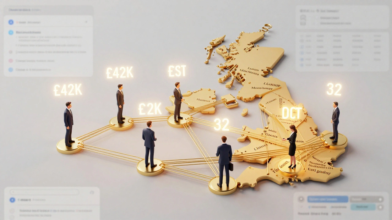 Golden deal pipeline connecting UK cities with sales reps shaking hands and revenue metrics floating above.