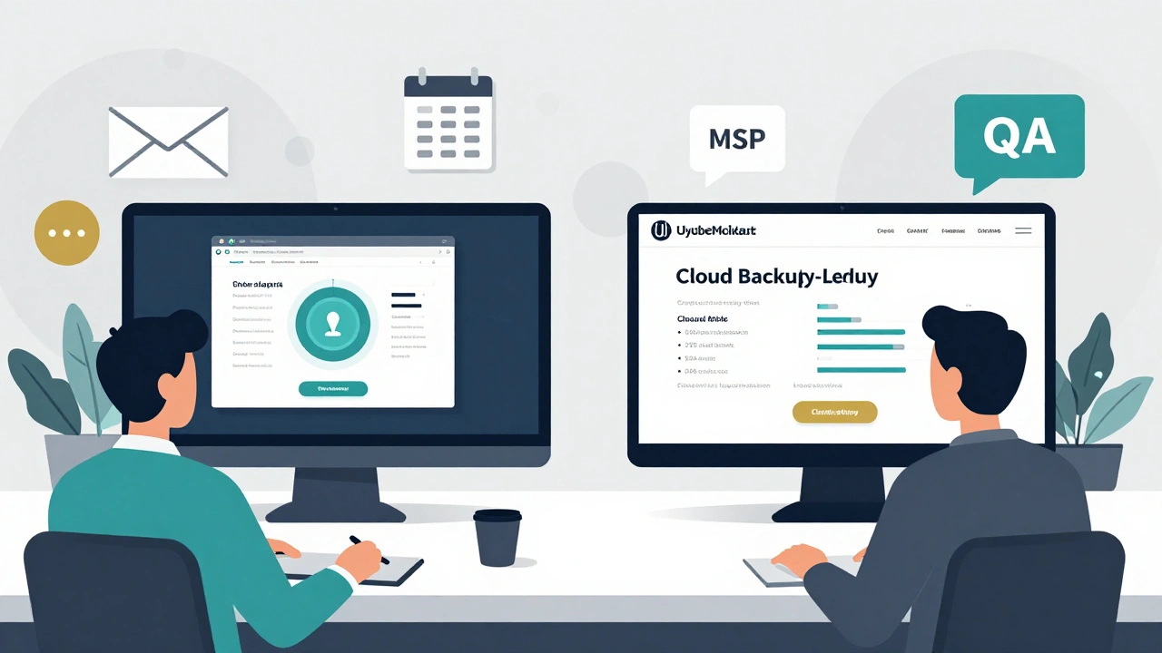 Joint webinar scene showing cybersecurity and cloud backup tools being demonstrated to engaged clients.