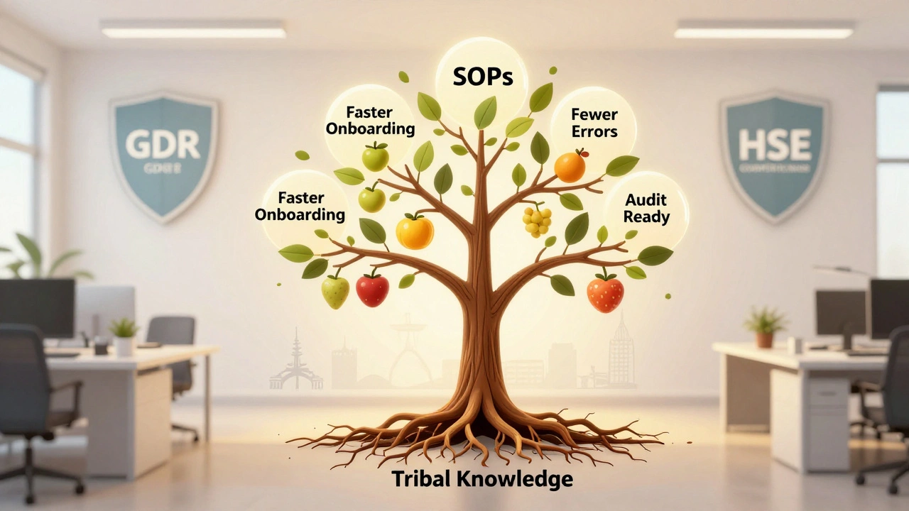 Knowledge tree with crumbling roots and SOP branches bearing benefits like faster onboarding and audit readiness.