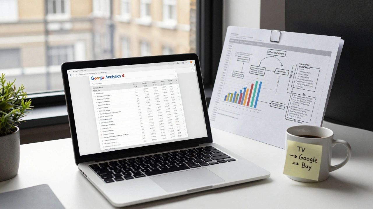 London office desk with GA4, Excel sheet, and sticky notes showing hybrid attribution path.