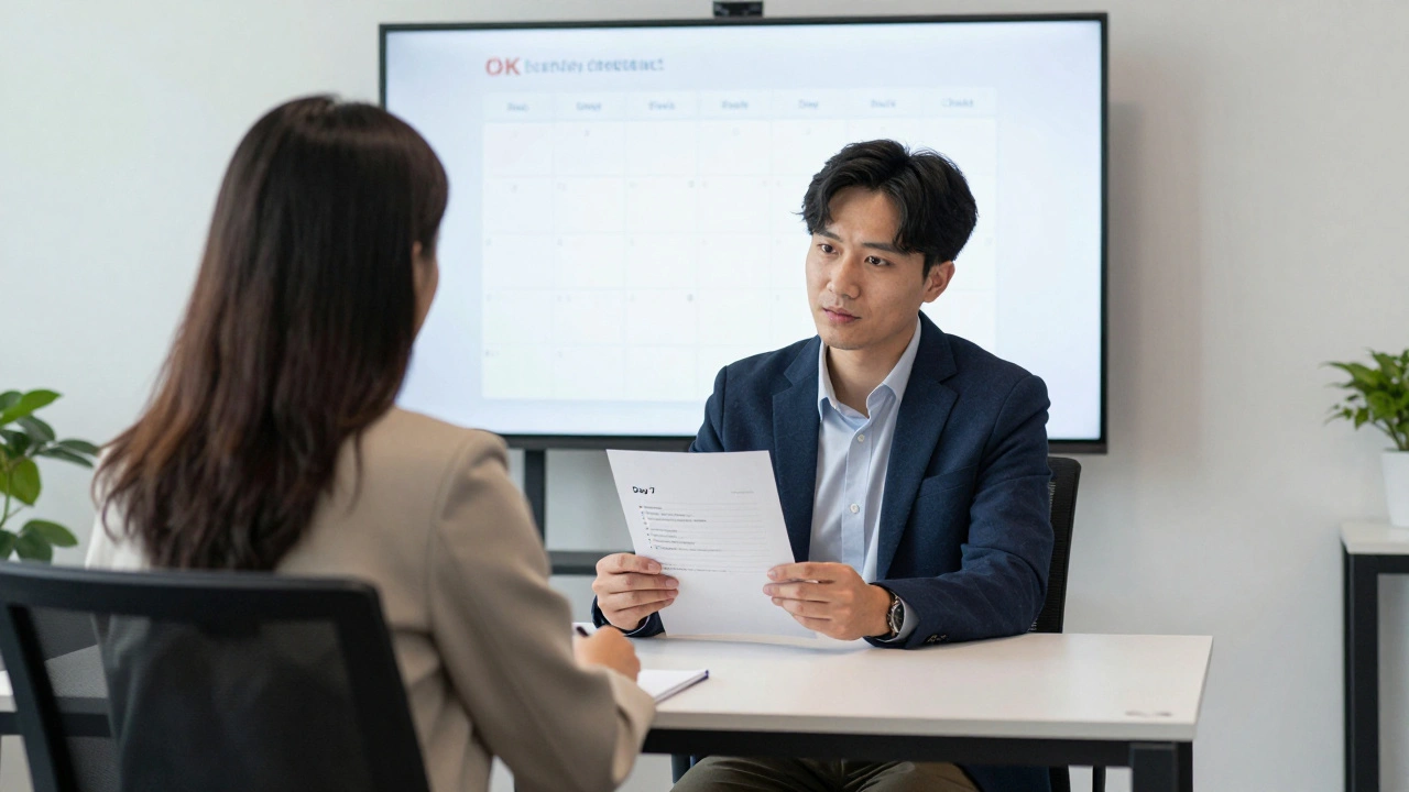 Manager and new hire reviewing onboarding guide with scheduled check-ins
