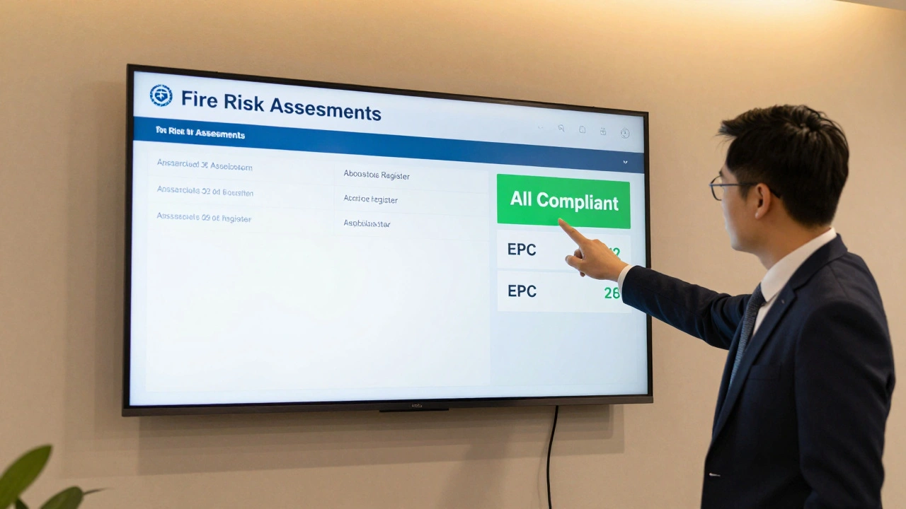 Manager reviewing digital compliance records for fire safety, asbestos, and energy ratings in a modern office.