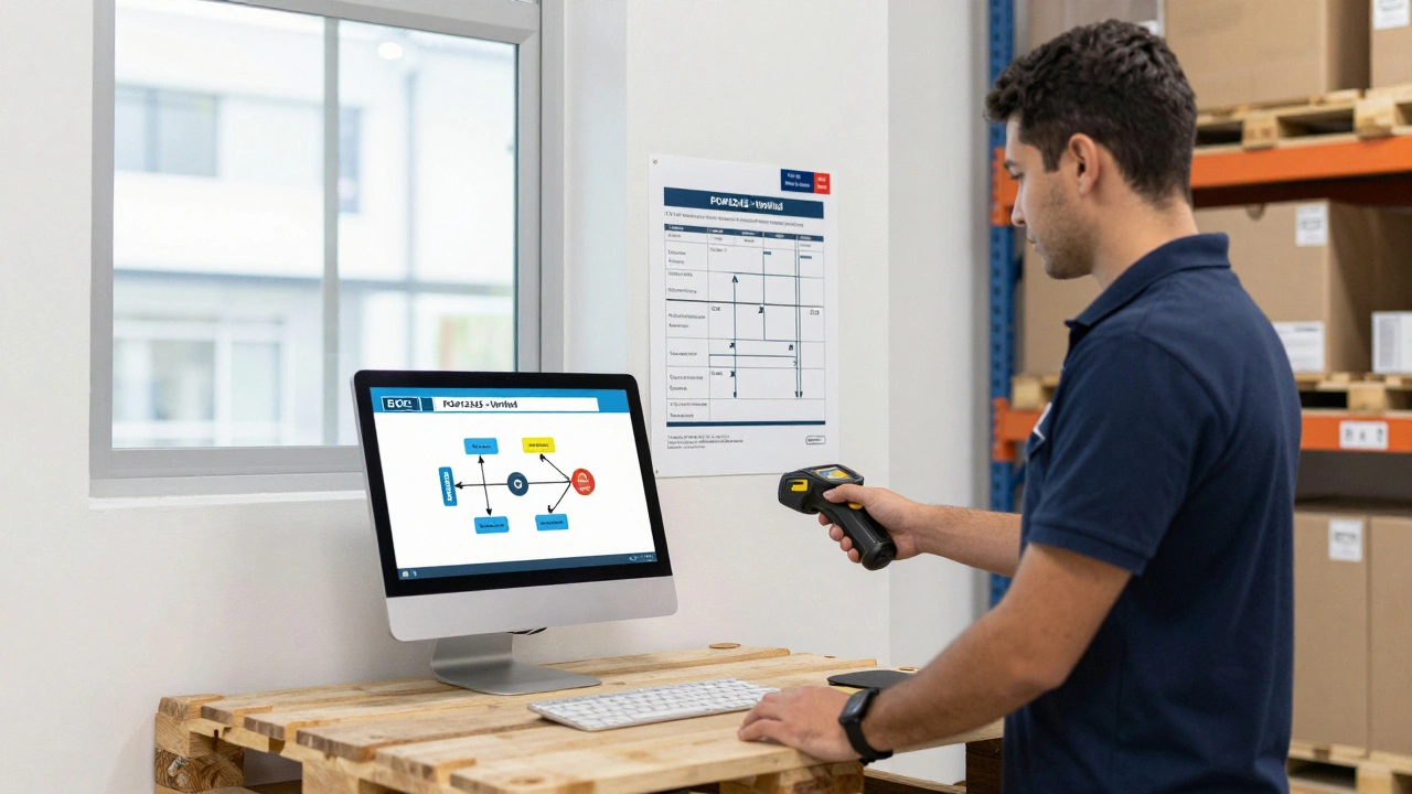 New employee scanning pallet in warehouse with laminated SOP step and updated date sticker visible.