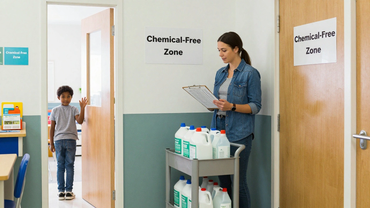 Small business owner in a school with cleaning supplies and data charts, natural lighting.
