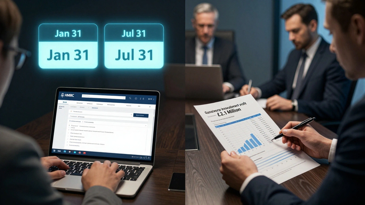 Split image: freelancer checking HMRC payments and corporate team reviewing quarterly tax installments.