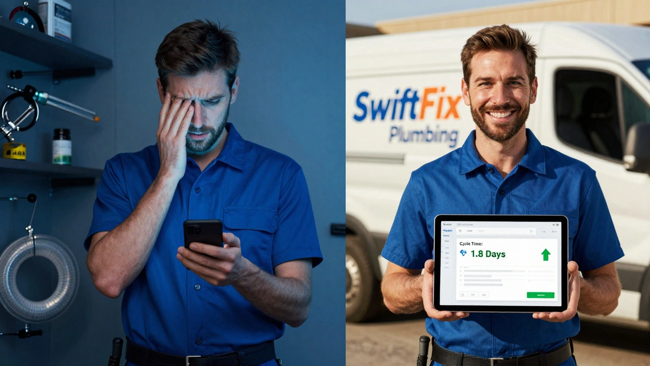 Split image: frustrated plumber with long order backlog vs. same plumber with improved fulfillment time on tablet.
