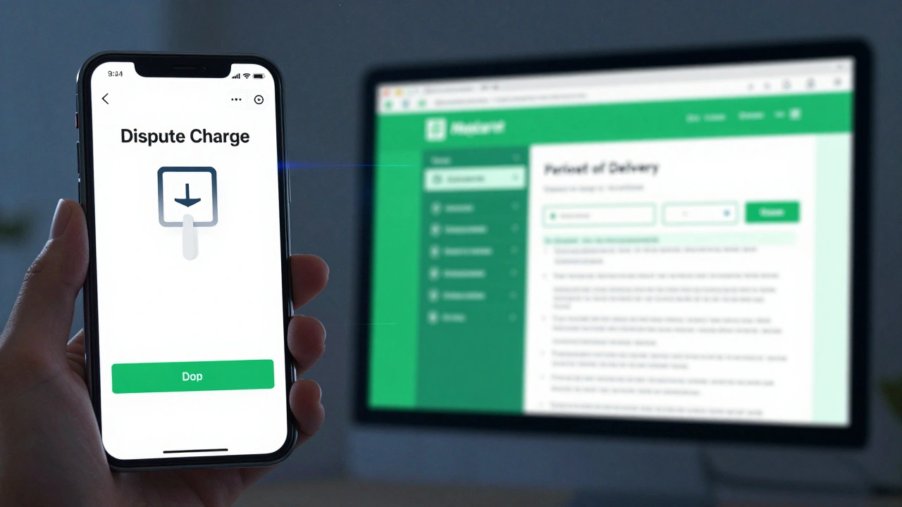 Split-screen: customer disputing charge vs. merchant showing proof of delivery and authentication.