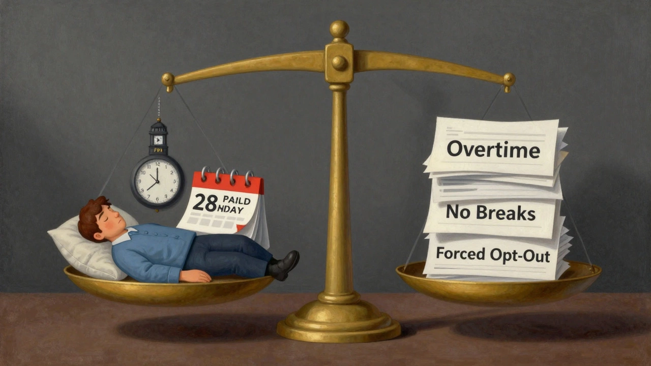 Symbolic scale balancing worker rest and holiday rights against overtime and pressure.
