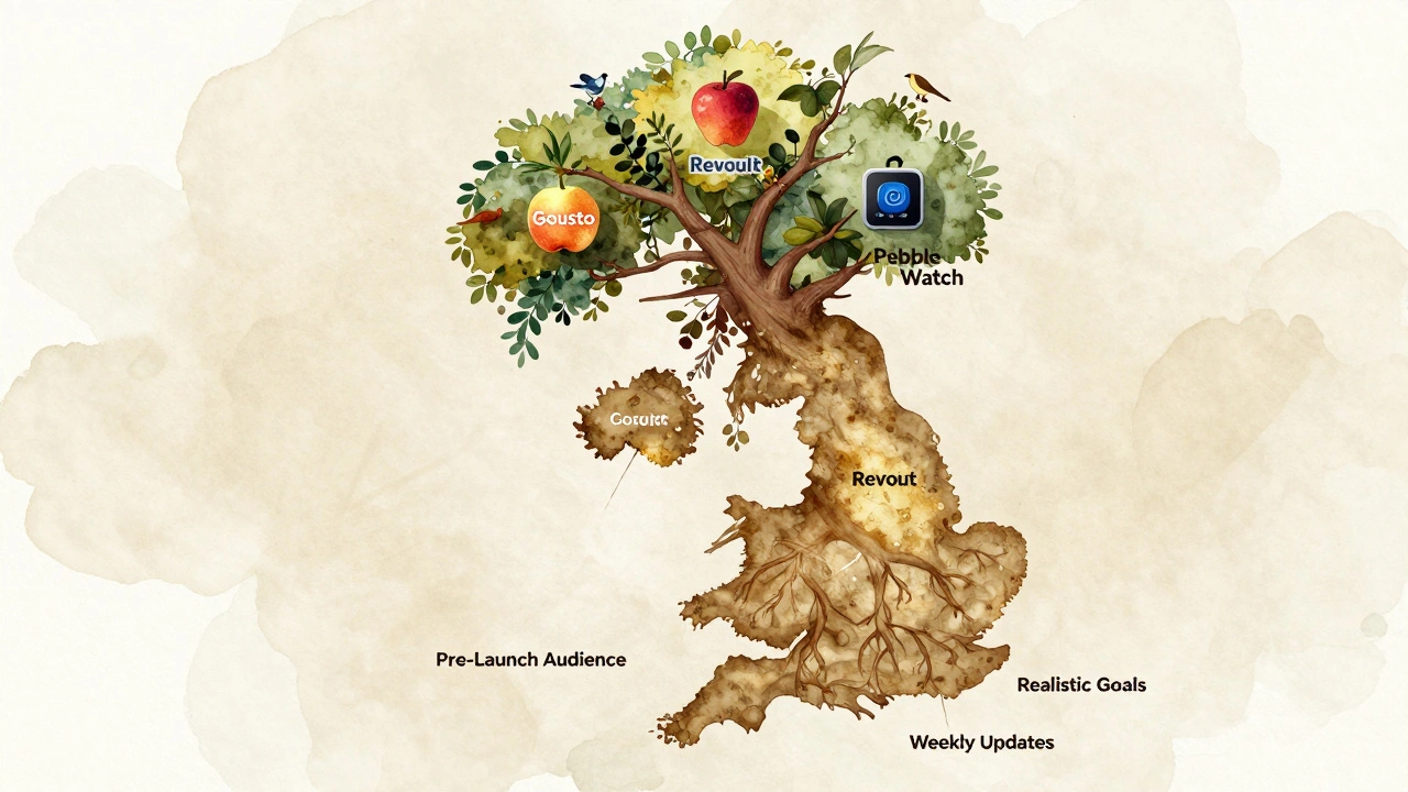 Tree growing from UK map with crowdfunding elements as roots and successful startups as fruits.