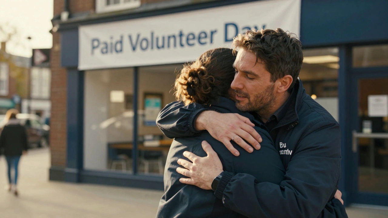 Two employees hugging outside a charity center, wearing company jackets, during a paid volunteer day.