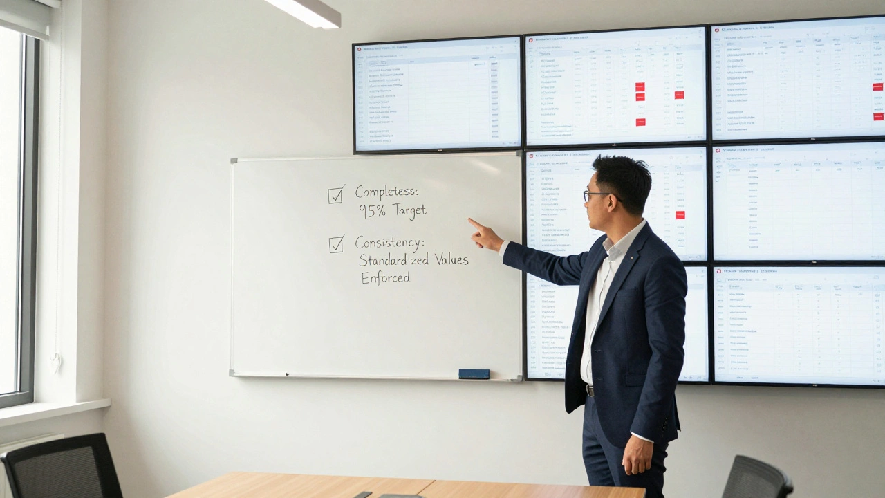 A business leader pointing to a whiteboard with data quality targets, clean digital records visible behind.