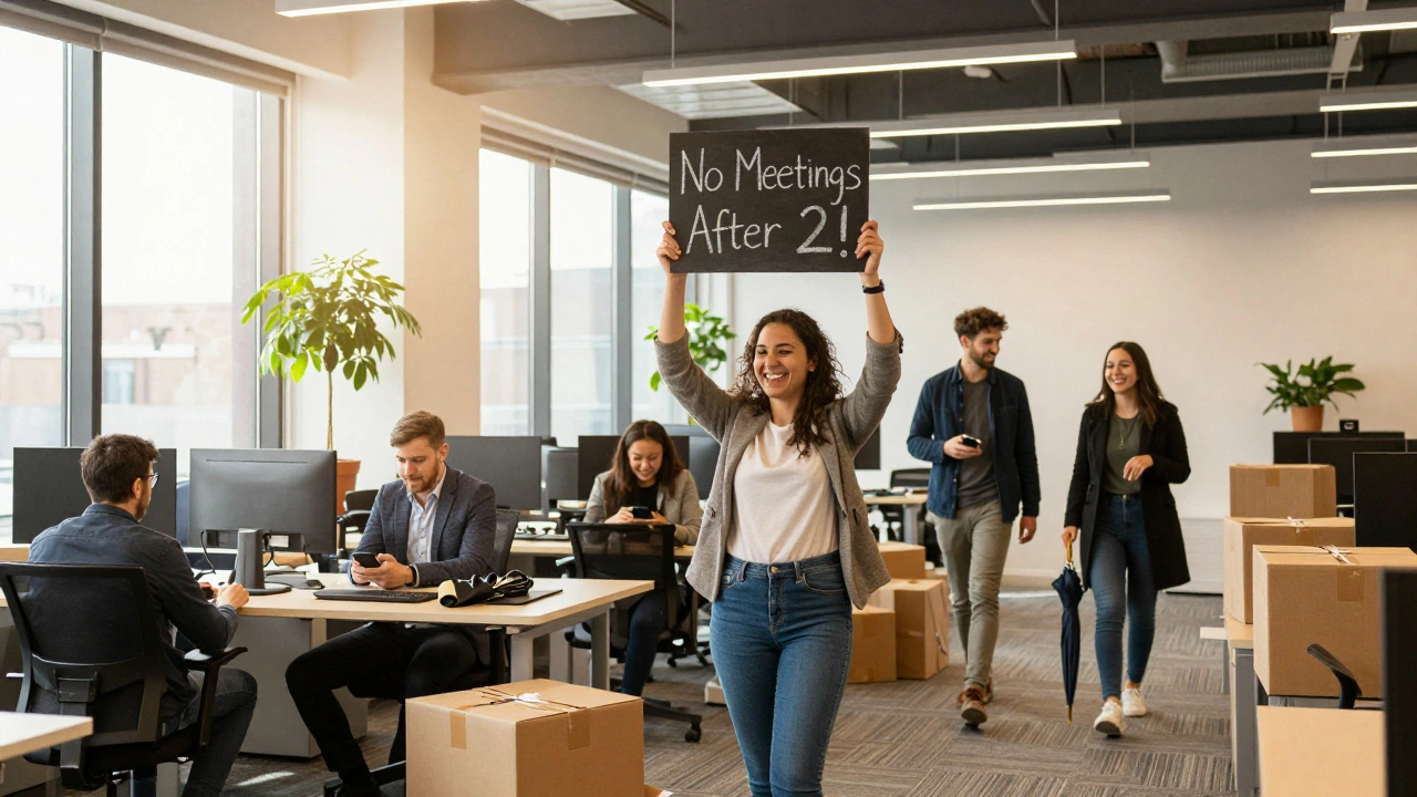 A cheerful UK team leaving early on a Friday afternoon, smiling and ready to enjoy personal time, with a 'No Meetings After 2' sign visible.