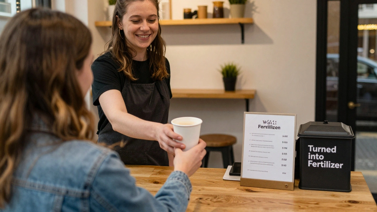 A coffee shop owner gives a compostable cup to a customer, with waste-to-fertilizer signage in the background.
