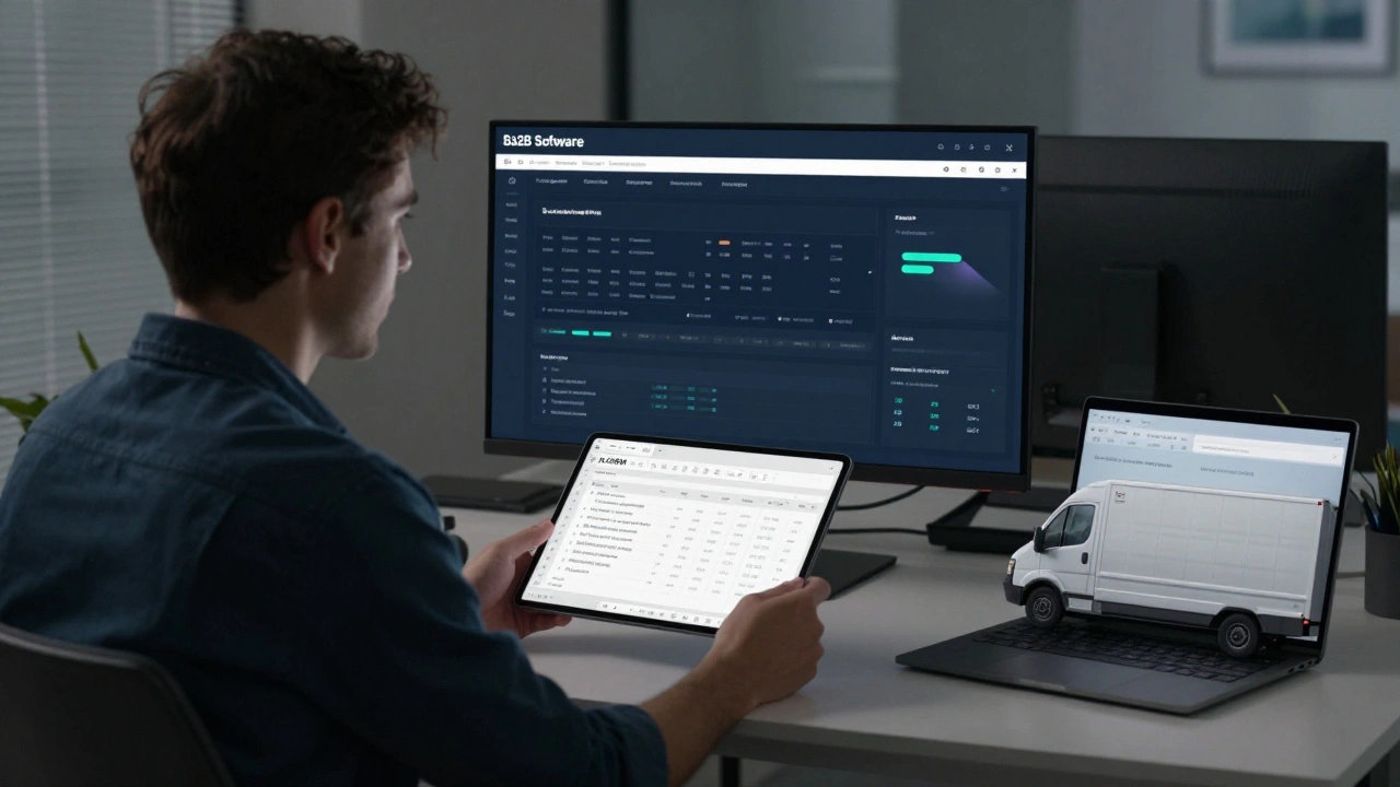 A founder handing an Excel file to a small hauler, with a SaaS dashboard glowing softly in the background.