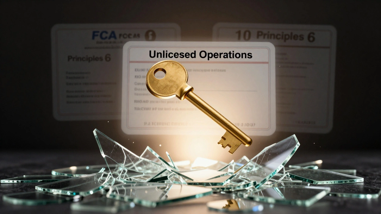 A golden license key hovering above broken glass labeled 'Unlicensed Operations', with glowing FCA principles in the background.