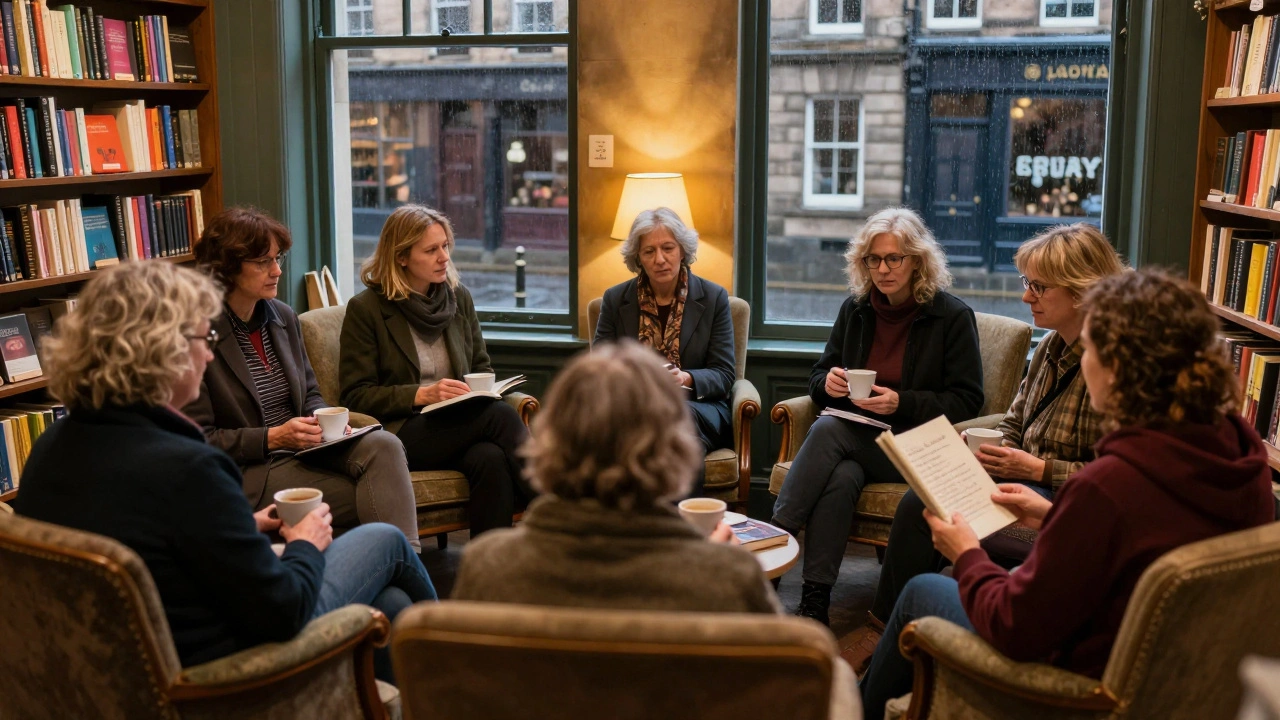 A group of people listen attentively as one reads a poem aloud in a warmly lit bookshop, surrounded by shelves and tea cups.