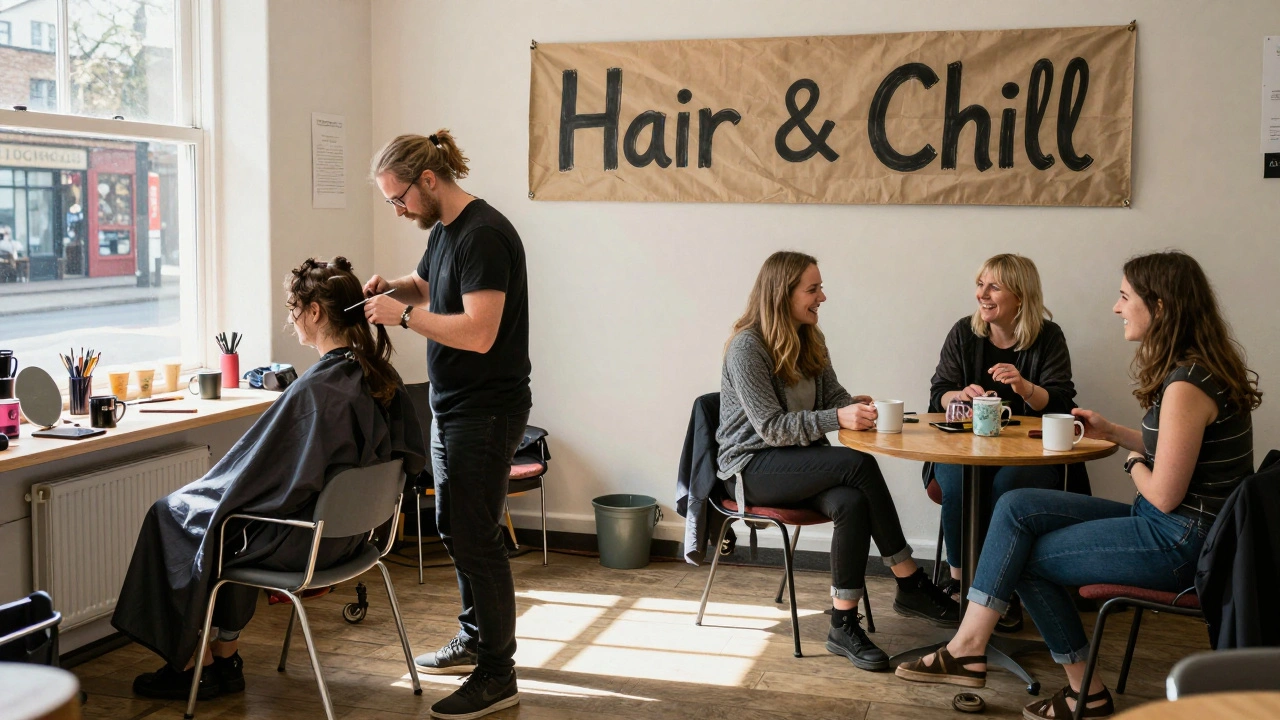 A hairdresser cuts hair at a community center while customers chat over tea, sunlight streaming through windows.