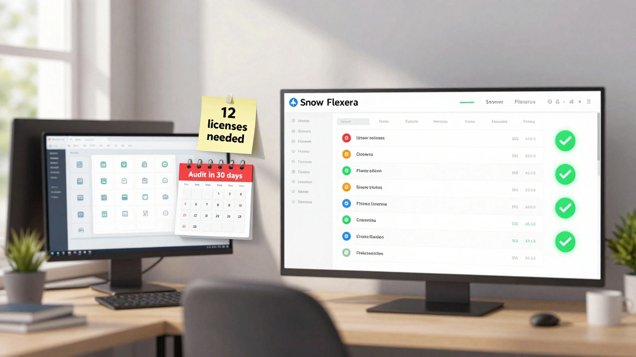 A split scene showing chaotic software installations on one side and an organized license tracking dashboard on the other.