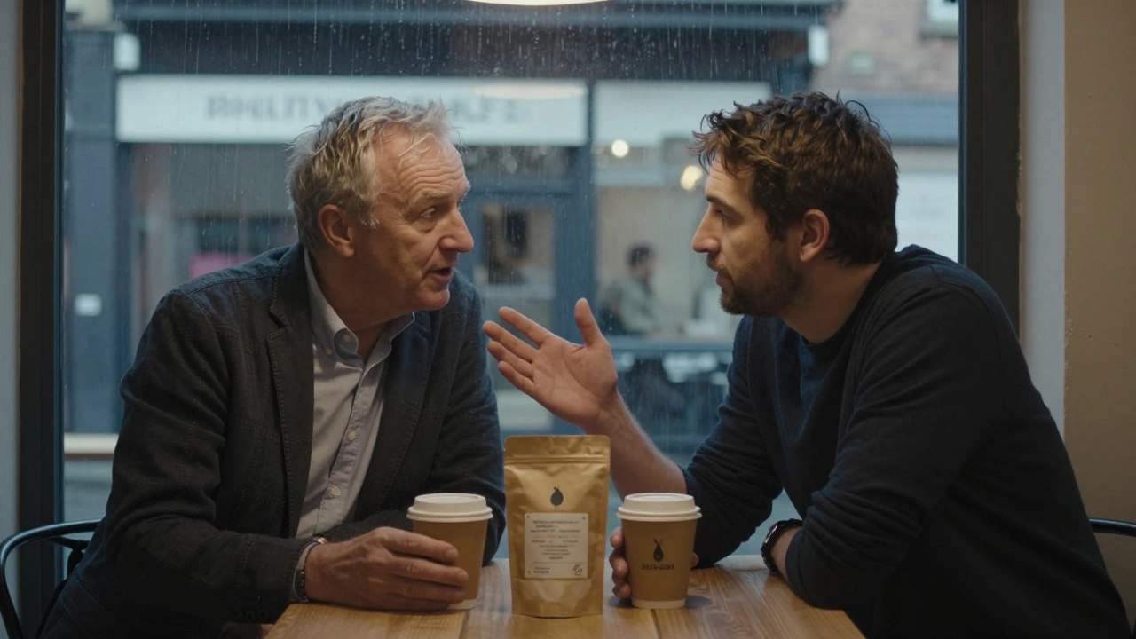 A startup founder and retired logistics expert share coffee in a Bristol café, discussing business challenges.