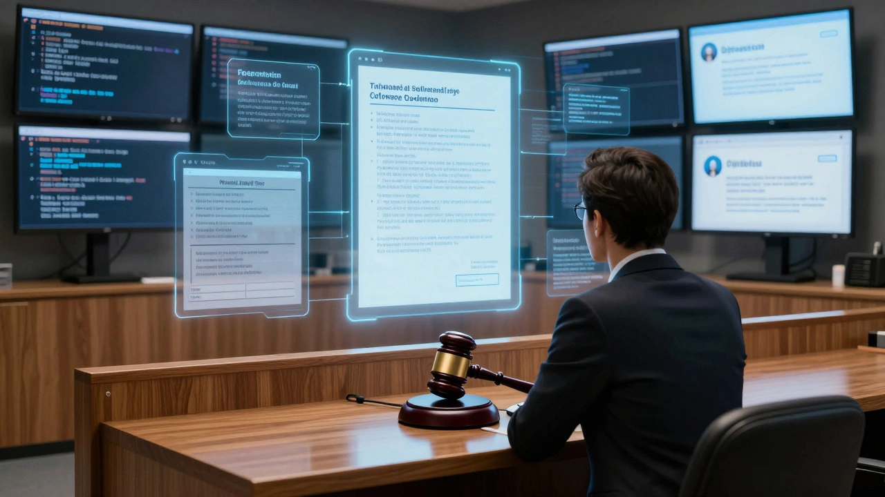 A symbolic courtroom with floating software licenses and audit notices above a business owner, under a glowing computer mouse gavel.