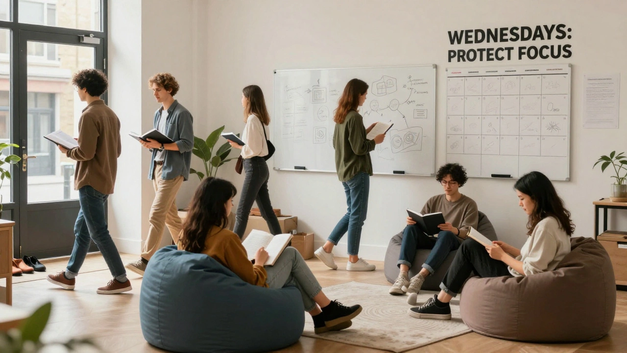 A team on a quiet Wednesday, working independently or walking outside, with a 'Protect Focus' calendar sign in the background.