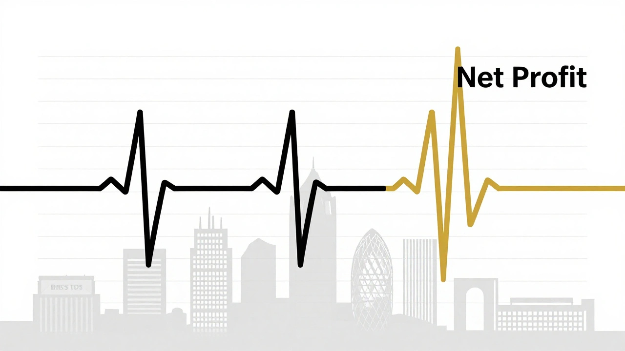 An abstract heartbeat monitor shaped like a P&amp;L statement, with net profit as a golden spike over UK cityscapes.