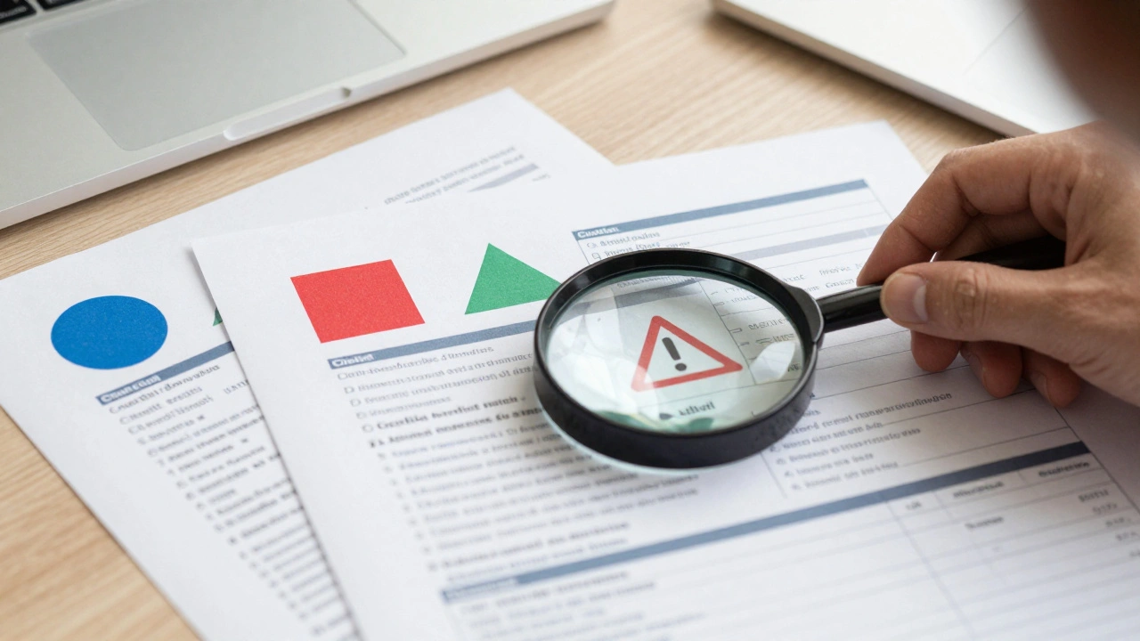 Business analyst examining credit reports with abstract symbols and a magnifying glass.