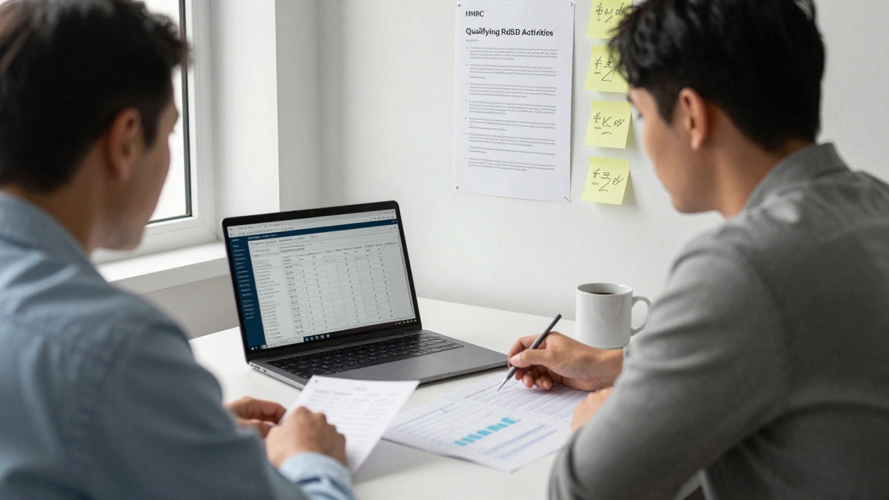 Business owner and developer reviewing R&amp;D records together at a desk with HMRC guidelines on the wall.