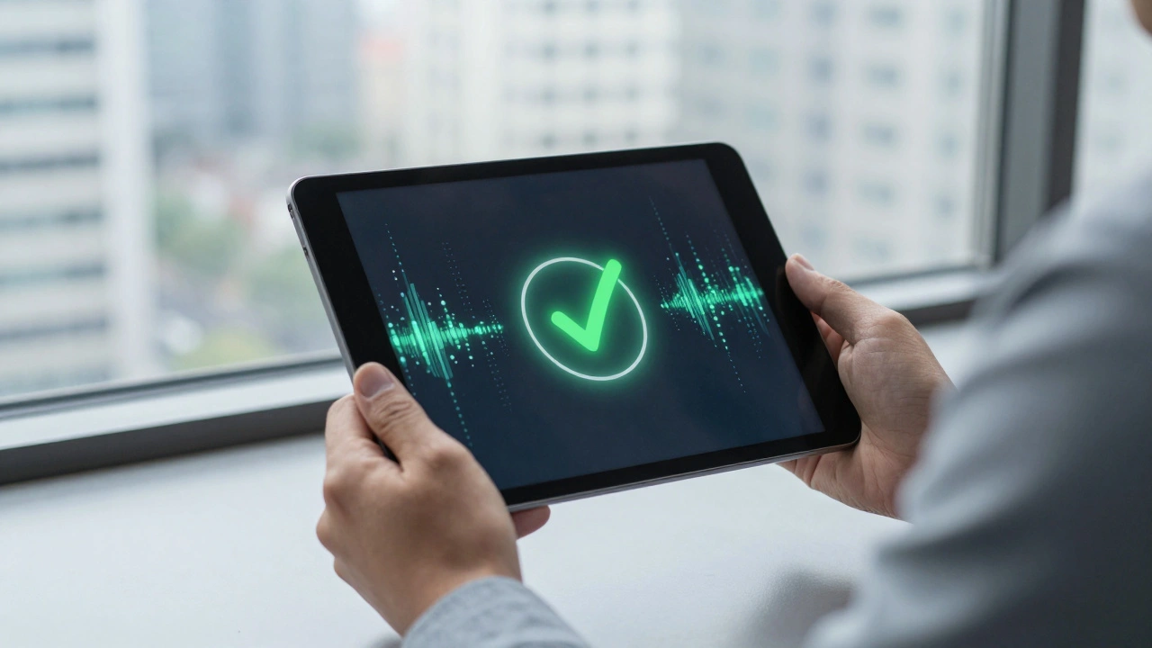 Businessperson viewing a tablet with abstract data alerts in a modern office.