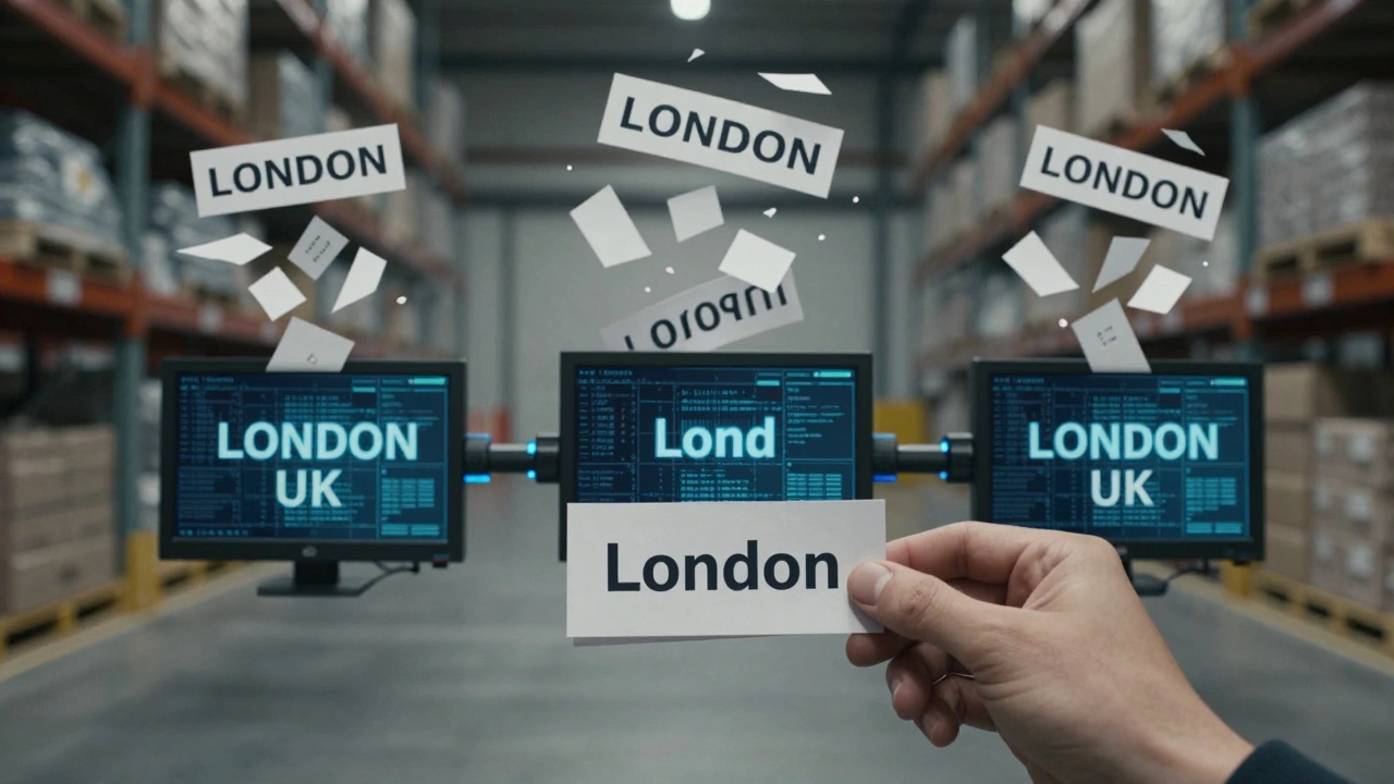 Chaotic paper labels floating in air, being sorted into one standardized name format by a hand.