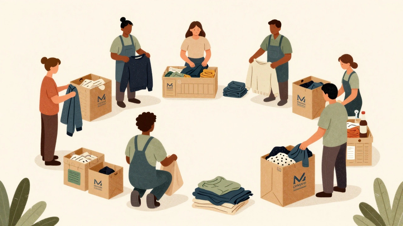 Circular economy in action: recycled clothing being transformed into new fabric for packaging.