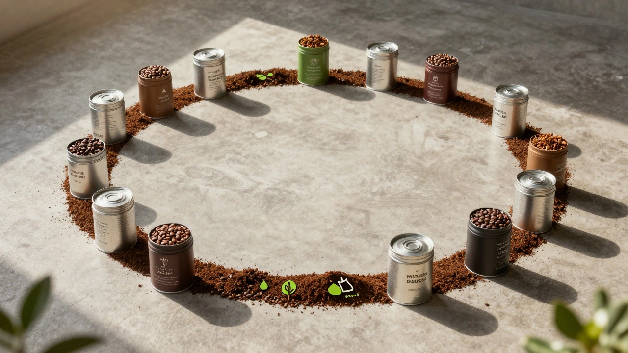 Circular system showing coffee grounds recycled into biofuel and beans delivered in reusable tins.