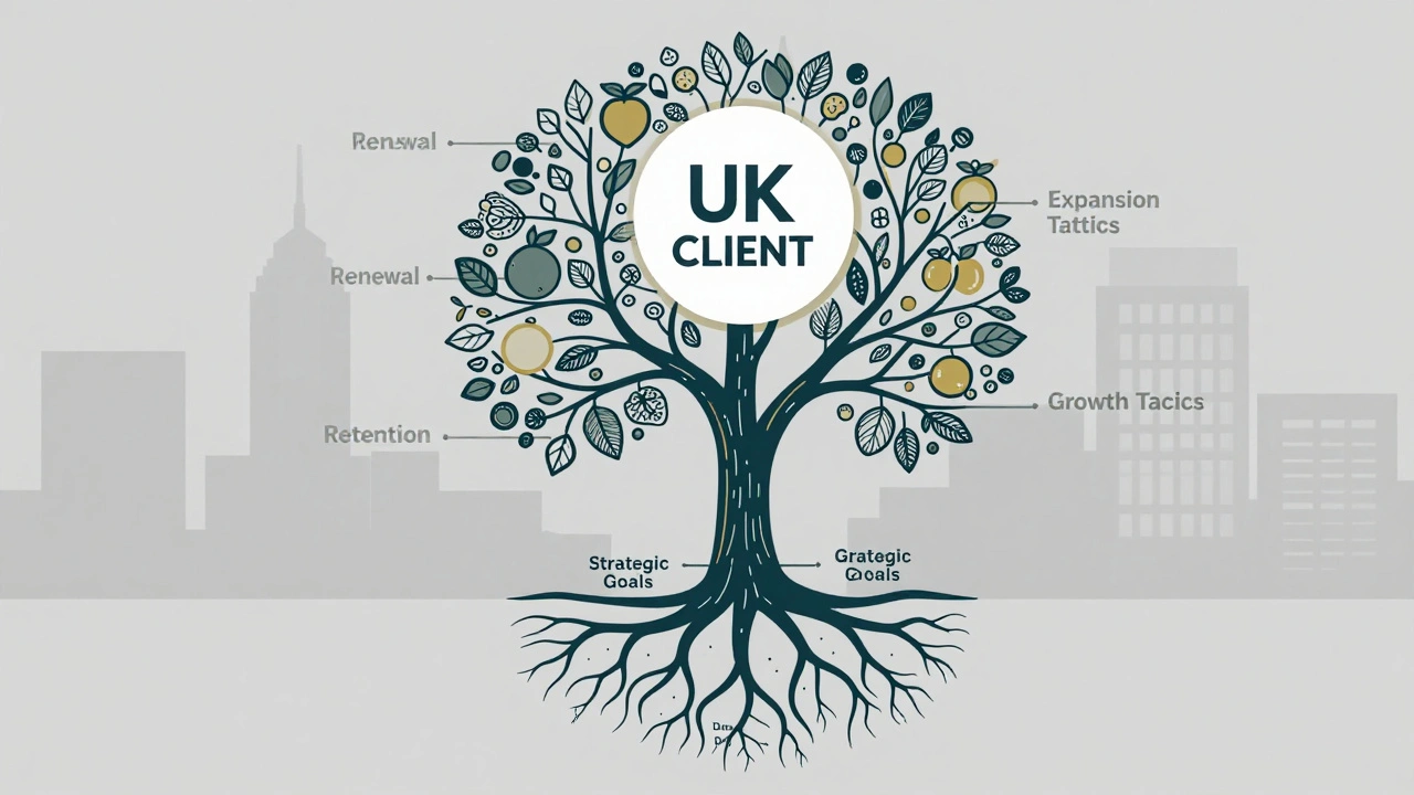 Conceptual tree growing from a client logo, symbolizing data-driven account growth and retention.