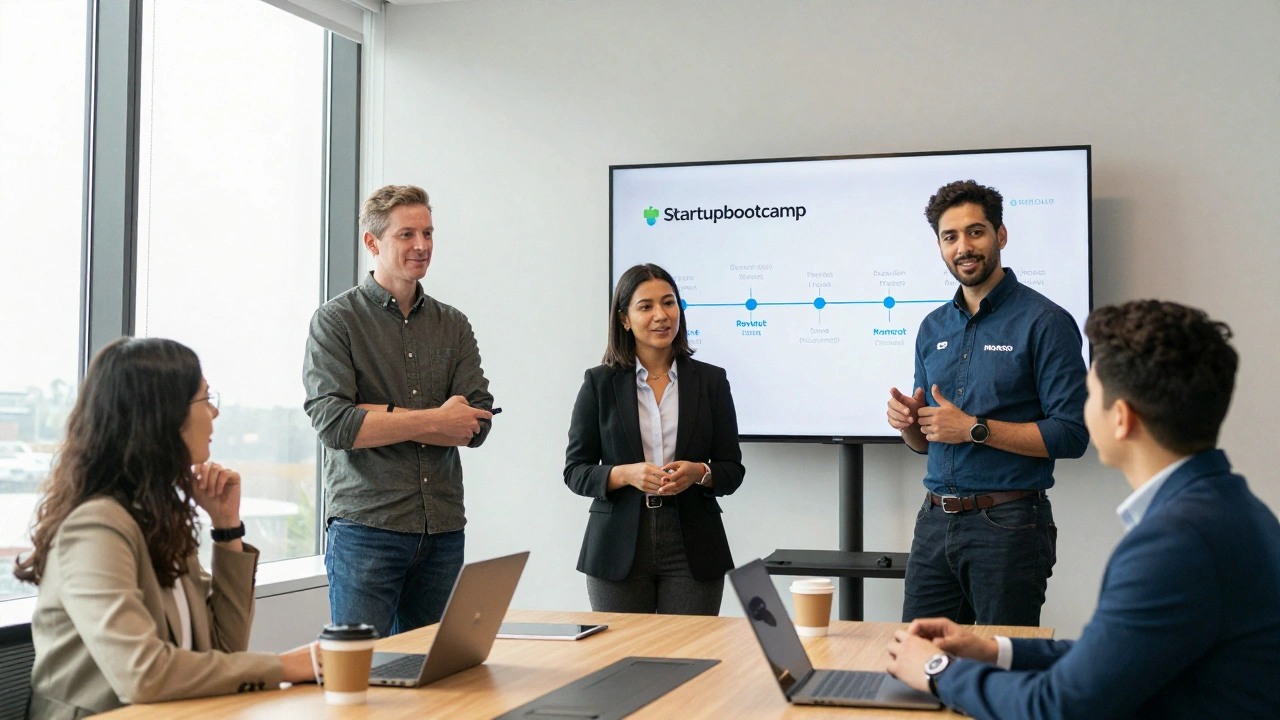 Diverse founders and mentors from major UK fintech firms discussing business over coffee.