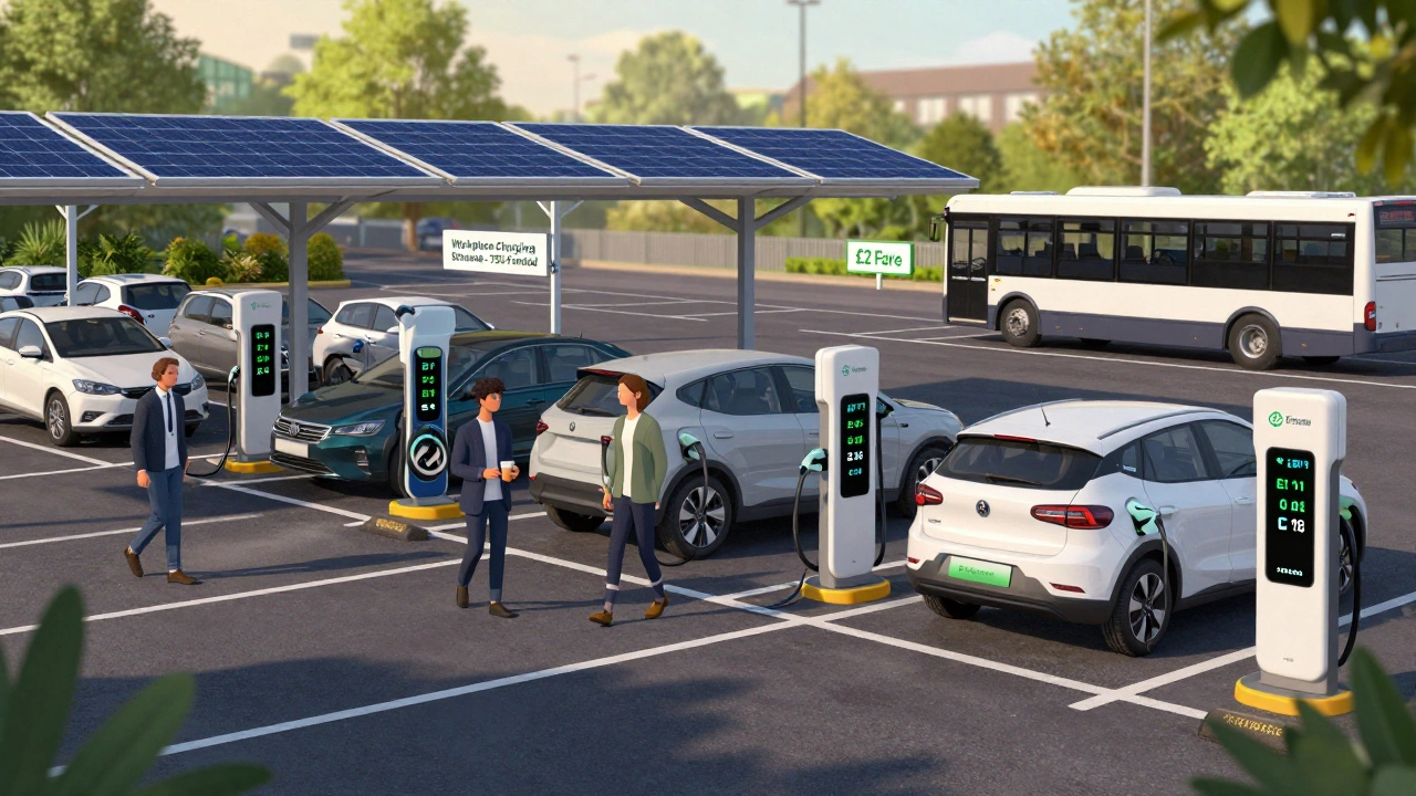 Electric vehicles charging under solar canopies at a UK workplace with a bus arriving nearby.